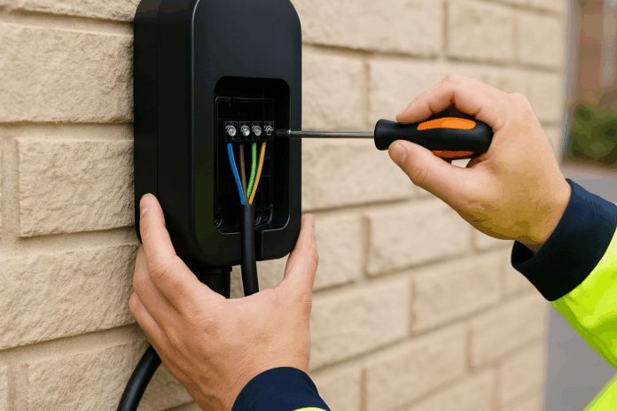 close_up_of_electrician_connecting_cables_to_ev_charger close up view of electrician connecting cables to ev charger