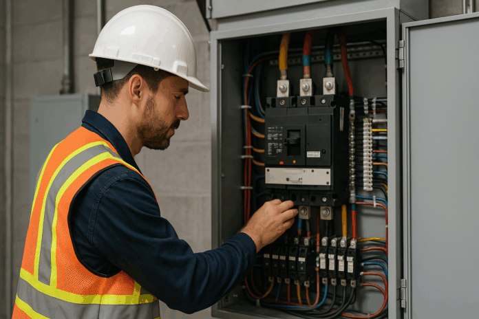 commercial_electrician_inspecting_electrical_panel inspecting electrical panels at commercial site