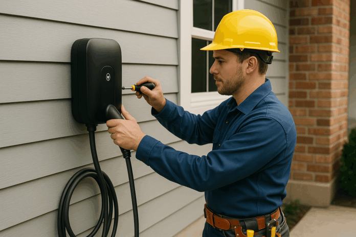 electician making ev charger installation electrician making ev charger installation