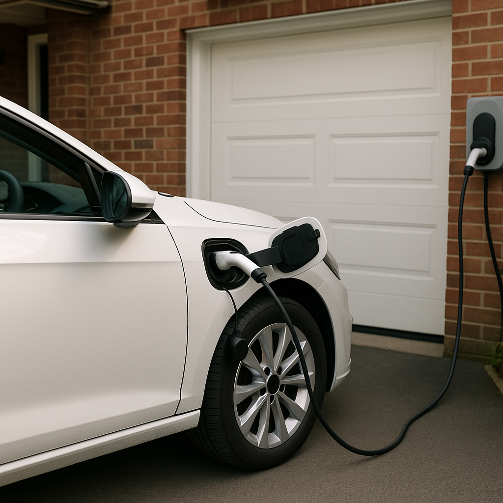 electirc vehicle being charged in driveway electric vehicle being charged in driveway