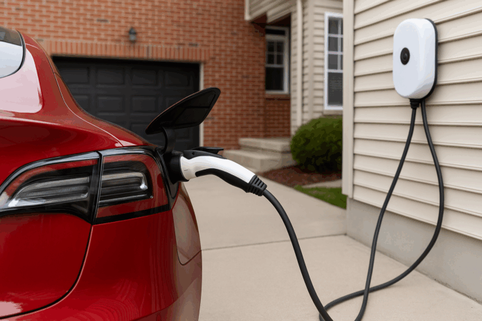 electric vehicle being charged in driveway electric vehicle being charged in driveway