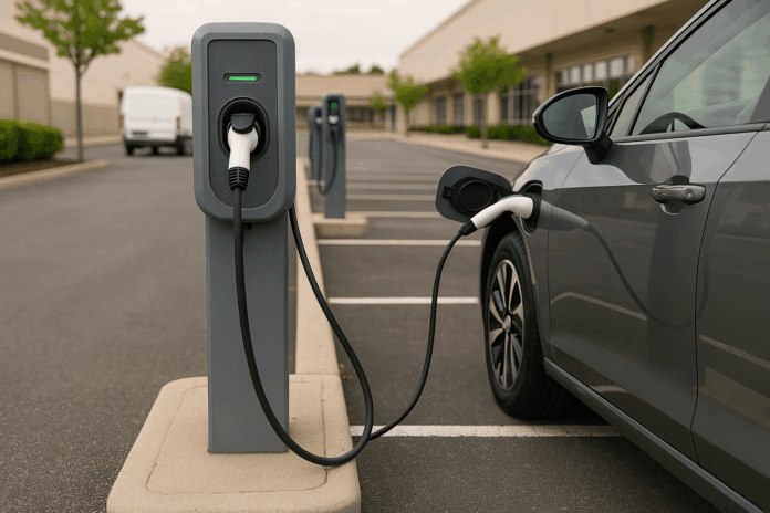 electric vehicle being charged in parking lot electric vehicle being charged in parking lot