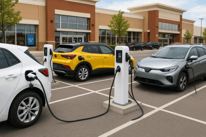 electric vehicles being charged at shopping center electric vehicles being charged at shopping center