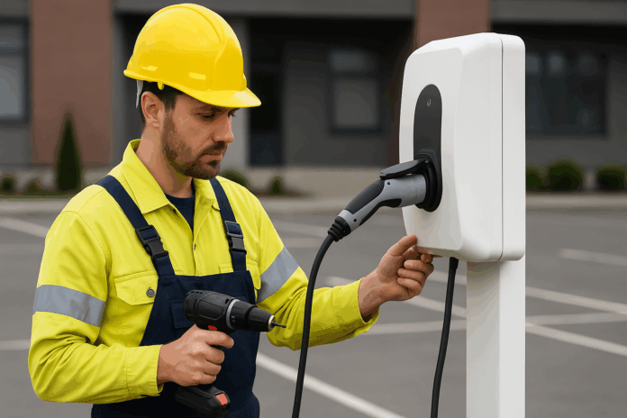 electrician_installing_ev_charger_in_commercial_parking_lot ev charger for commercial complex