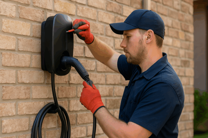 electrician_installing_ev_charger_on_exterior_wall electrician installing ev charger on exterior wall