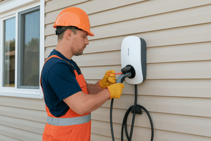electrician_installing_wall_mounted_ev_charger_at_burlington_home wall mounted ev charger being installed
