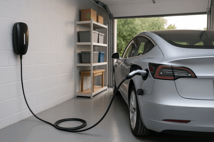 ev_charger_installed_in_oakville_residential_garage residential ev charger installation in Oakville garage