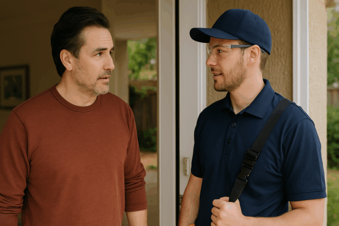 homeowner_discussing_work_with_licensed_electrician electrician and homeowner talking about project