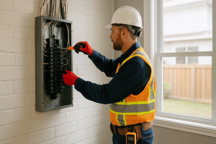 licensed_electrician_upgrading_residential_electrical_panel licensed electrician upgrading panel