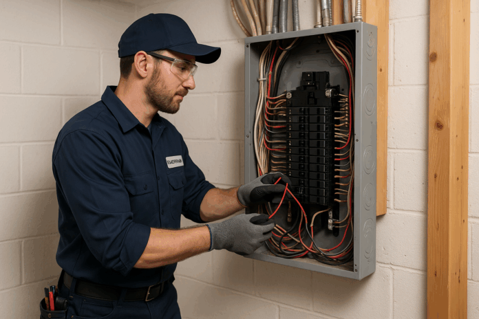 residential-electrician-working-on-electrical-panel-upgrade electrical panel work being done
