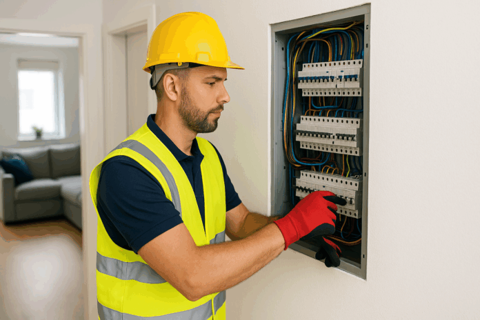 residential_electrician_installing_circuit_breaker_panel circuit breaker installation
