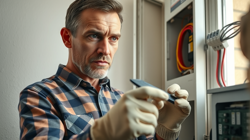Cautious homeowner in Hurontario examining electrical wiring for safety with licensed electrician. Residential interior background with breaker box, safety gloves, and modern circuit electrician in Hurontario inspecting situation