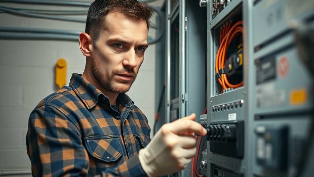 Diligent Oakville electrician inspecting a circuit breaker panel, representing expert electrical troubleshooting in Oakville homes and commercial spaces Diligent Oakville electrician doing inspection