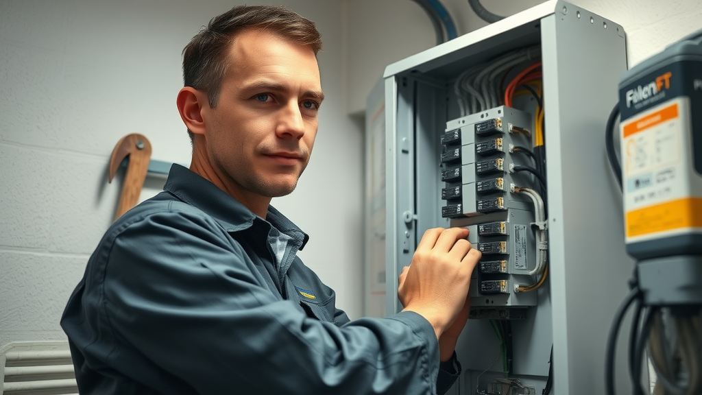 experienced electrician installing circuit breaker for electrical repair in Oakville Experienced Oakville electrician performing repair