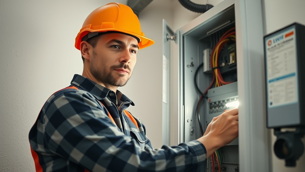 professional licensed electrician, confident and attentive, inspecting electrical panel, Photorealistic High Fidelity Lifelike, interior of a contemporary Oakville ho electrical installation being performed in Oakville