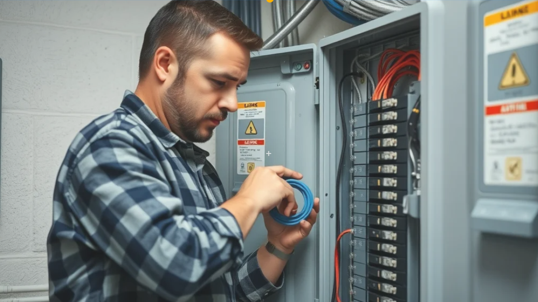 Electrician Long Branch electrician in Long Branch of Etobicoke working on electrical panel
