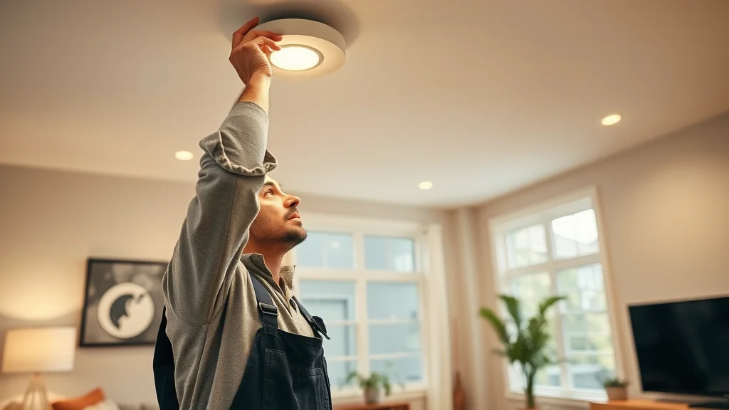 Electrician installing LED pot lights in contemporary Mississauga living room