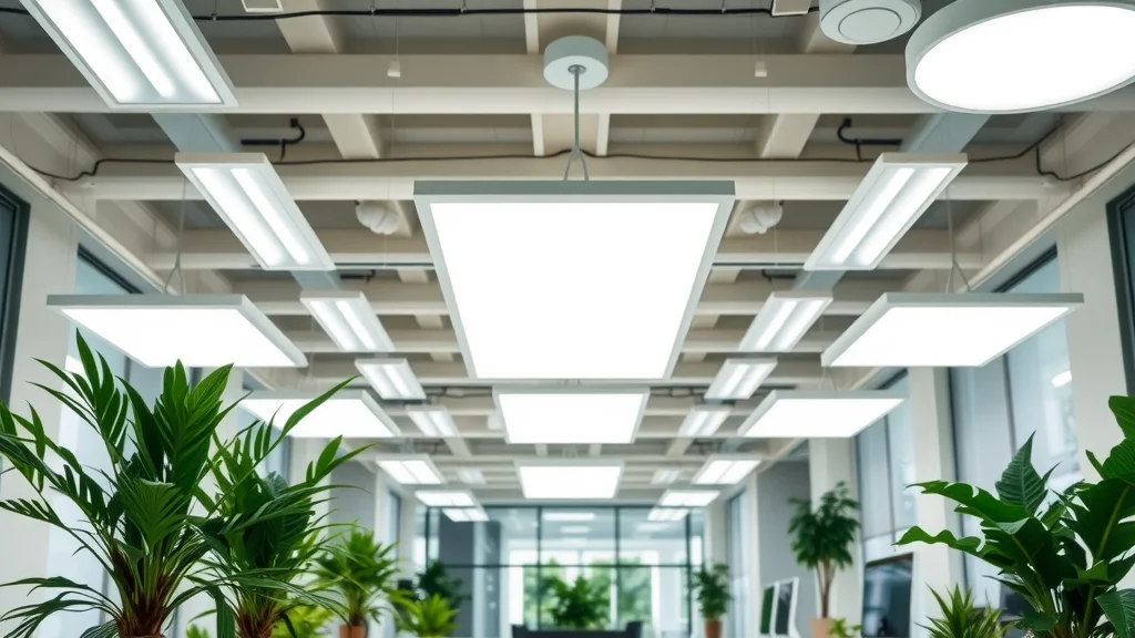 Energy-efficient commercial lighting installation in Mississauga office, featuring LED panels, smart sensors, and eco-friendly lighting systems.