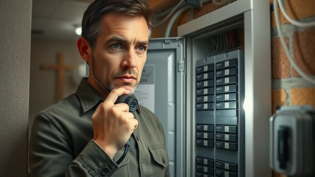 Homeowner inspecting circuit breaker panel during power outage in Mississauga — electrical repair and emergency services required.