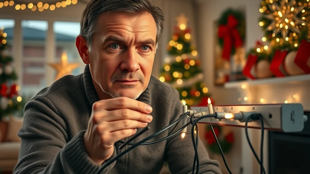 Concerned adult plugging too many holiday light plugs into a power bar, electrical safety Oakville