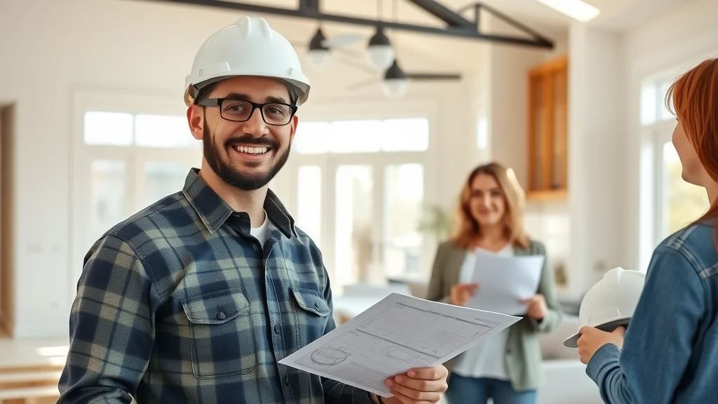mississauga electrical contractor meeting homeowners at modern construction site, blueprints and sample lighting fixtures visible, natural bright tones, wide-angle lens
