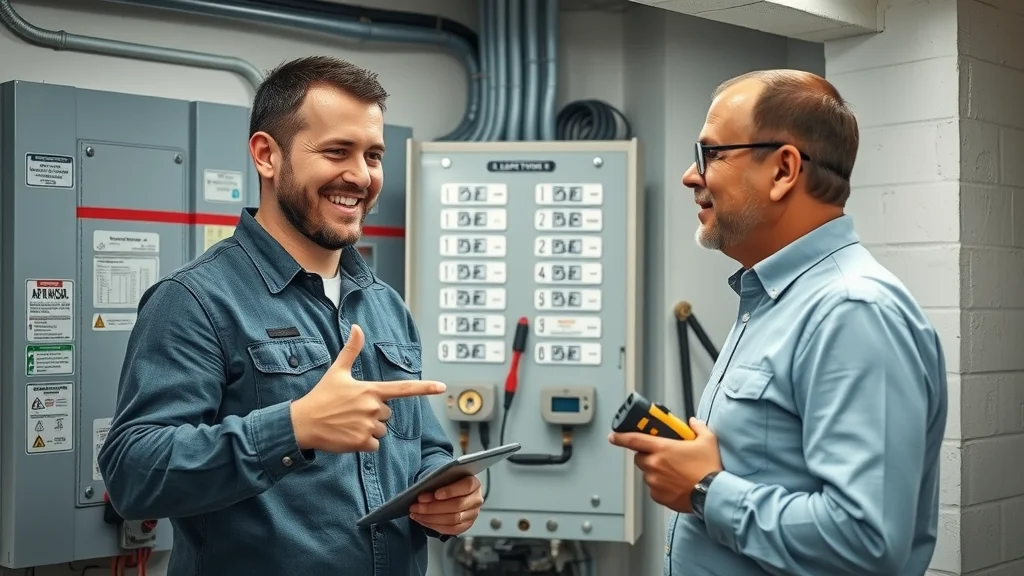 Electrician explaining electrical panel safety upgrades to a Mississauga homeowner in a well-lit modern basement