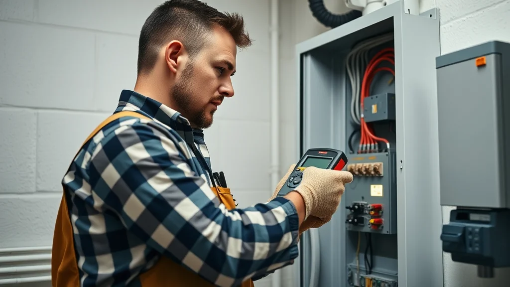 Licensed electrician in Mississauga diagnosing electrical system during power outage repair — quality work and electrical safety focus.