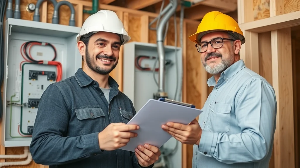 residential electrician in mississauga reviewing electrical panel installation with building inspector inside a partially finished custom home, safety equipment and open walls visible