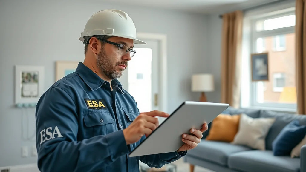 Electrical Safety Authority inspector examining Oakville home circuit and wiring for code compliance using tablet