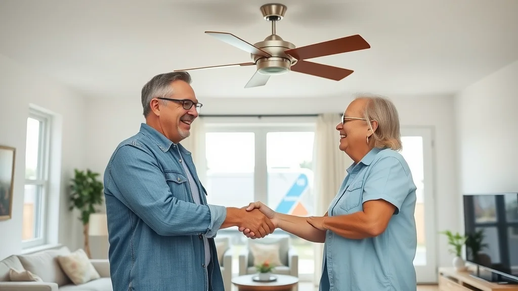 satisfied Mississauga homeowner shaking hands with ceiling fan electrician after installation