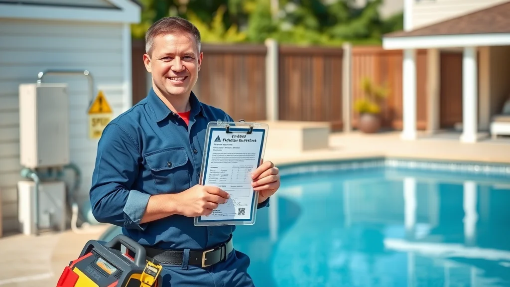 Ontario-certified electrician holding an ESA permit by a pool electrical setup in Oakville, hot tub electrical regulations compliance.