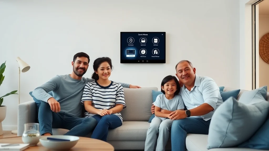 Modern Oakville smart home living room—family enjoying smart home panel, childproof outlet installation Oakville visible, advanced technology and comfort.
