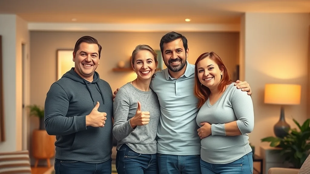 satisfied mississauga family and affordable electrician smiling after electrical repairs in living room