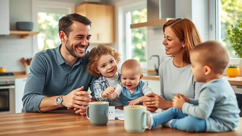 Happy Oakville family discussing childproof outlet installation upgrades—satisfied expressions in a bright, modern kitchen with visible childproof outlets.