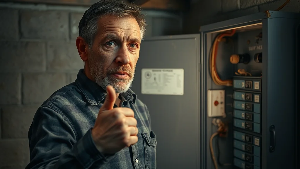 Concerned homeowner near an open breaker box in Mississauga pointing at scorch marks and rust inside the panel