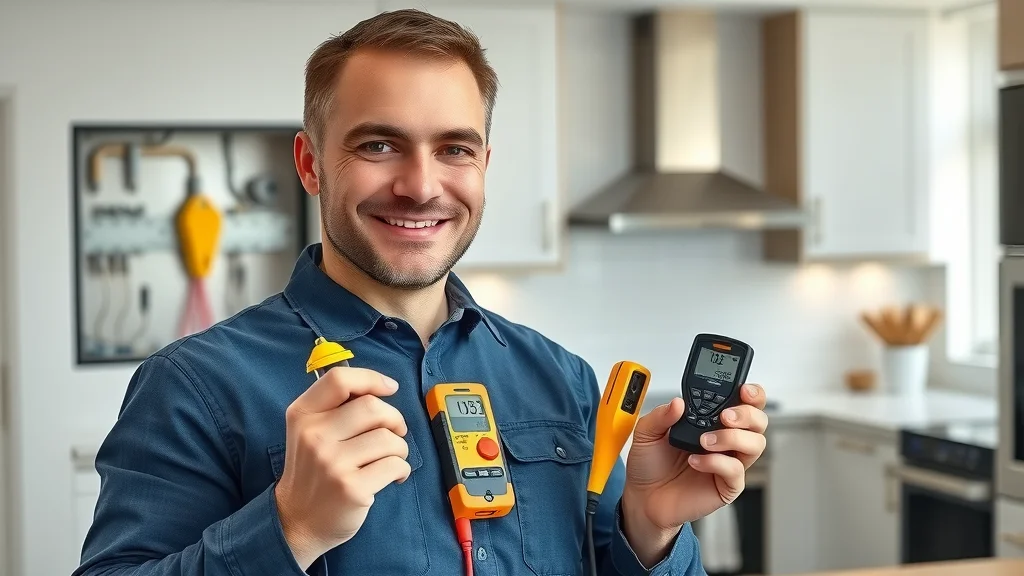 Professional, friendly electrician conducting an inspection in an Oakville kitchen — master electrician for seasonal electrical safety Oakville