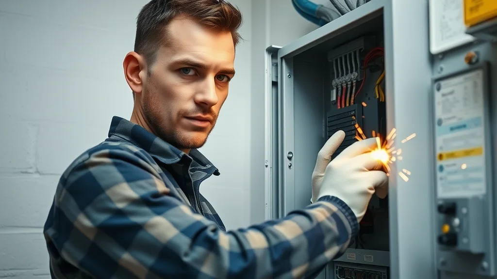 Professional electrician performing electrical inspection on a residential fuse panel in Mississauga, wearing safety gloves in a modern utility room.