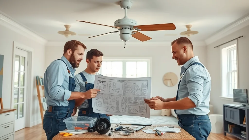 team of electricians performing ceiling fan installation service and reviewing blueprints in a modern home