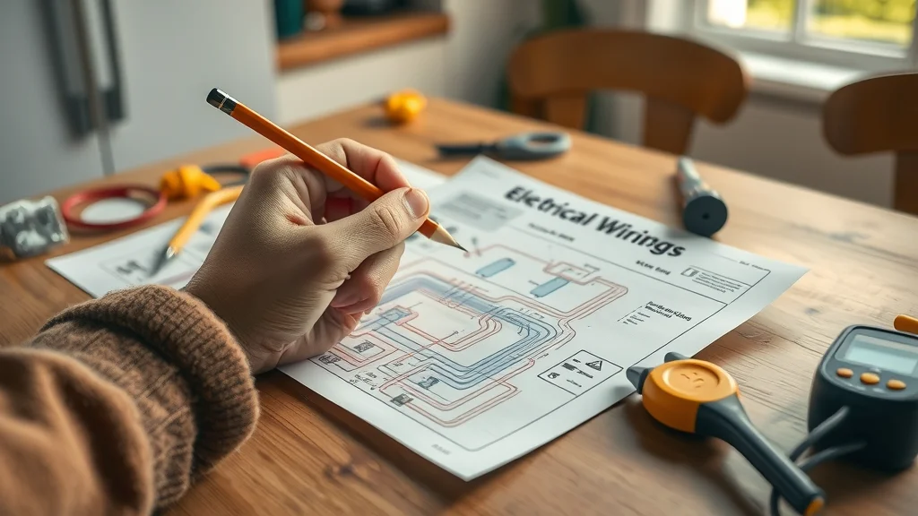 Homeowner tracing do-it-yourself electrical wiring diagram; displaying safety equipment and tools for electrical repair in Mississauga