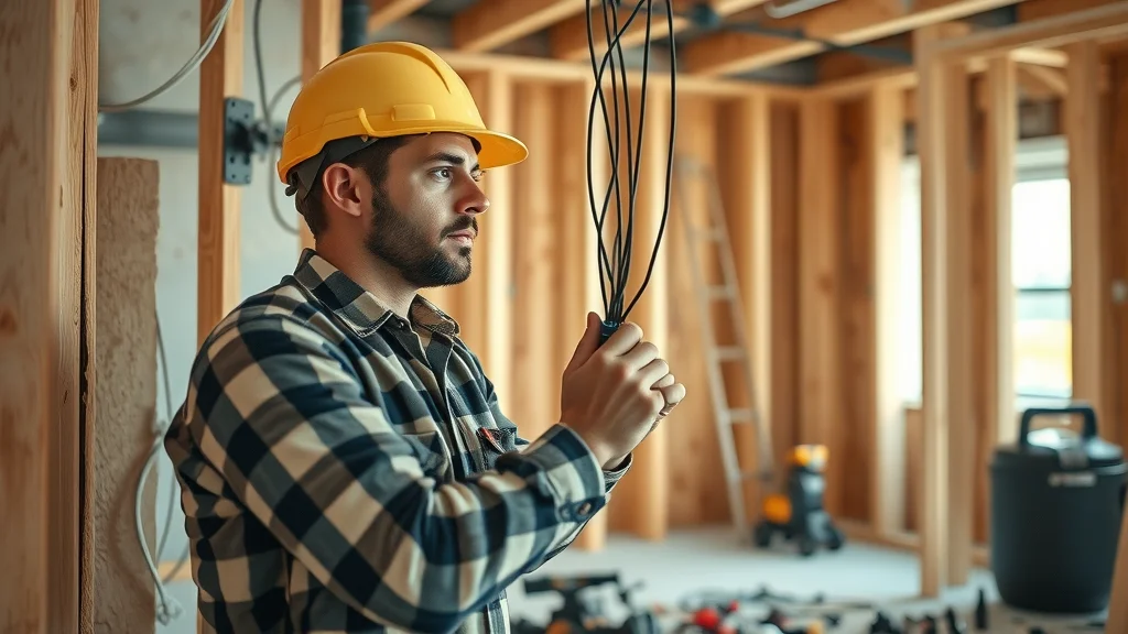 Expert electrician performing electrical rewiring services Mississauga, gently pulling wires through open wall