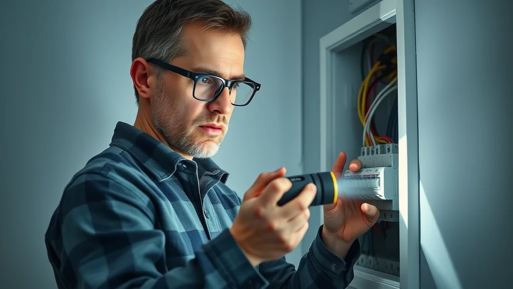 Meticulous electrical inspector reviewing wiring behind open wall panel, using flashlight — electrical inspection Oakville