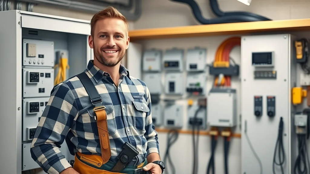 Friendly home automation electrician in Oakville standing by electrical panel with smart control devices