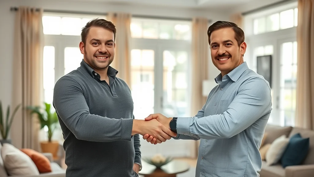 Trustworthy Oakville electrician and real estate agent, handshake after inspection in bright living room — electrical inspections Oakville