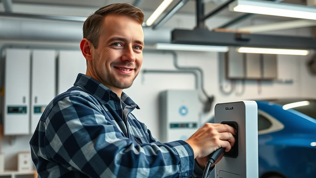 electrician installing smart panel and EV charger in custom mississauga garage, modern lighting, electric vehicle and solar inverter visible