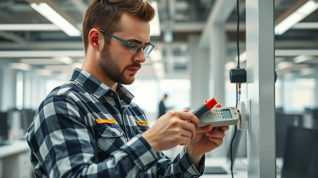 Licensed electrician performing electrical inspection Mississauga commercial using digital multimeter