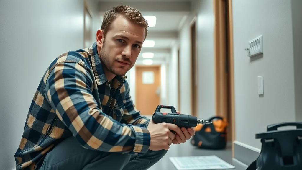 Professional electrician installing childproof outlet Oakville—focused in hallway with organized tools and safety checklist, displaying expert electrical work.