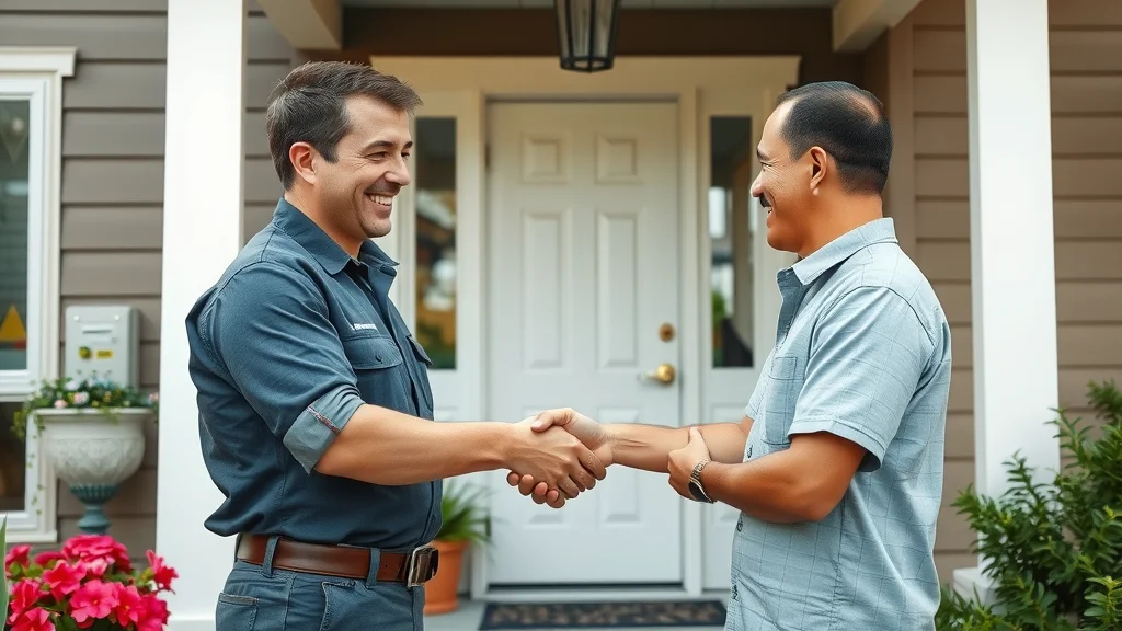 Confident licensed electrician greeting a homeowner at a Mississauga home, handshake on a tidy front porch with electrical service box visible.