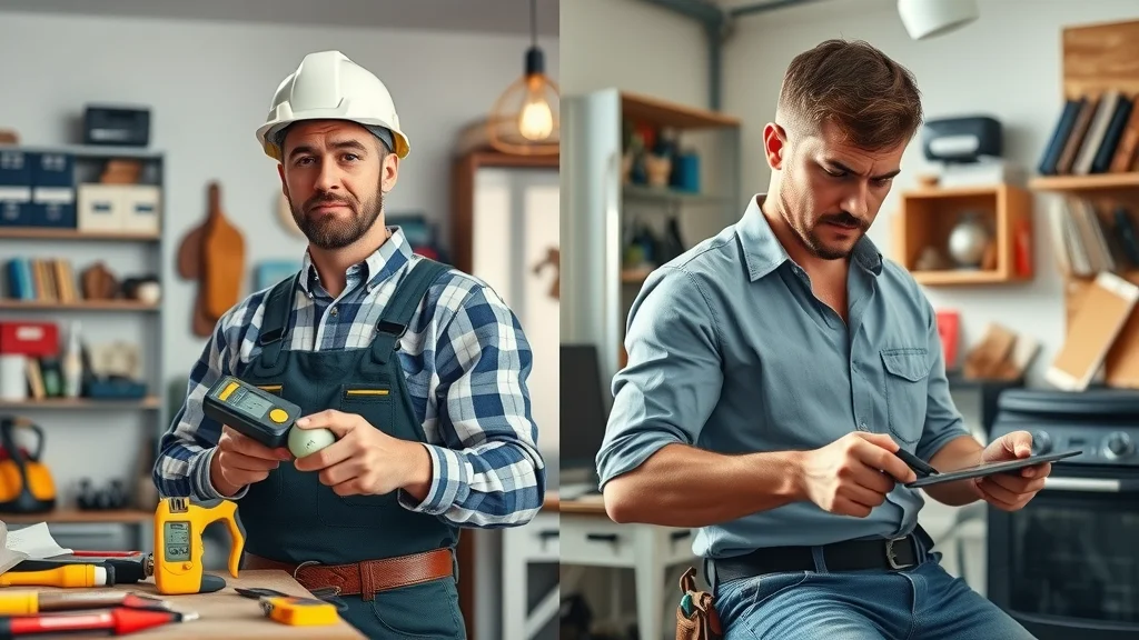 Side-by-side comparison of a professional licensed electrician and DIY homeowner in Mississauga, each working on electrical projects in contrasting home settings.