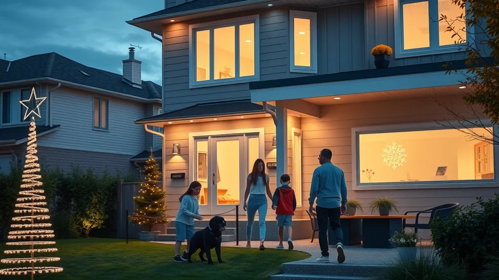 Modern Oakville home exterior at dusk, safe well-lit, featuring family and efficient outdoor lighting, holiday season electrical safety Oakville