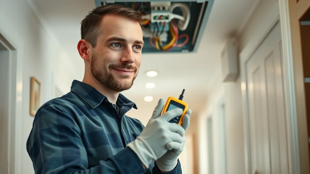 electrician performing safety inspection on ceiling fan installation in Mississauga home